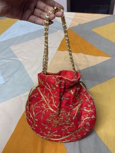 Red &amp; Gold Embroidered Potli Bag