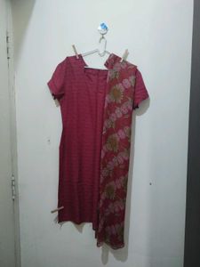 Pinky Red Floral Kurta Pyjama Dupatta Set