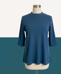 Blue Ribbed Mock Neck Top