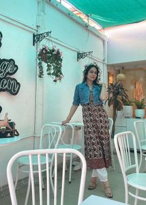Floral Print Kurti with Denim Jacket