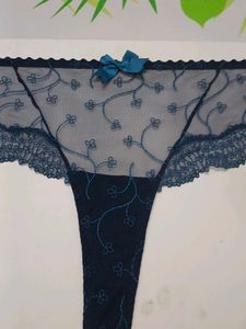 (800)Dark Blue Floral Lace Sheer Thong Panties