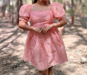 Women Peach Colour Puff Sleeve Mini Dress