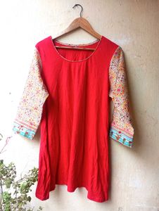 Red Sleeves Printed Kurta (Women)
