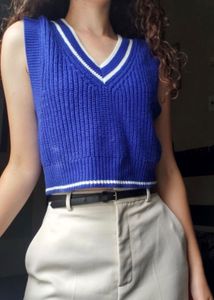 Blue Knit Cropped Tank Top