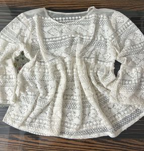 Off White Net Embroidered Top