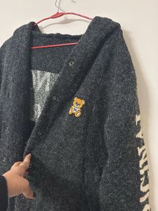 Cozy Grey Cardigan with Teddy Bear