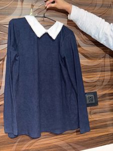 Navy Blue Collared Sweater With Pearls