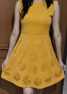Mustard Yellow Laser Cut Fit & Flare Dress