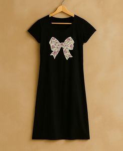🌸 Floral Bow Black Midi T-Shirt Dress 🌸