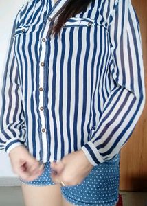 Striped Sheer Button-Down Top