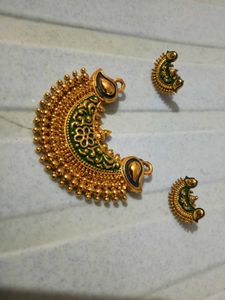 Gold Tone Anamel Pendant With Earrings
