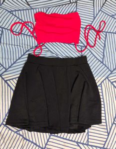 Red Backless Top With Mini Skirt Shorts Attatched