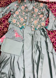 Grey Floral Embroidered Anarkali Suit Set