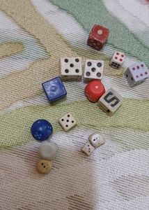 collection of dice n toy coins