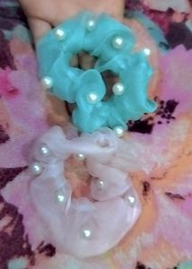 Pastel Pink And Green Coloured Beaded Scrunchies