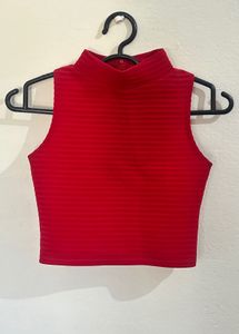 Chic Red Ribbed Sleeveless High-Neck Crop Top