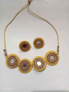 Yellow Fabric Mirror Choker Necklace With Earrings