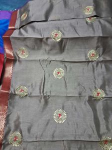 BrandNew Biege TussarSari with Red&amp;Gold Embroidery