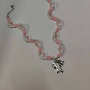 Pink Beaded Bow Necklace