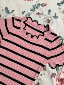 Pink Striped Scallop Top