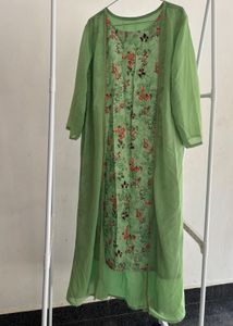 Green Floral Print Kurti with Sheer Overlay