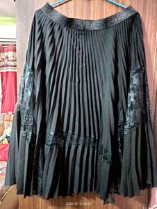 Black Pleated Skirt with Lace Detail