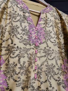Elegant Yellow &amp; Pink Embroidered Silk Kurta Set