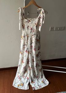 Floral White Cotton High-waisted Jumpsuit