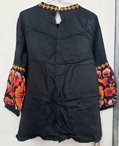 Black Floral Print Bishop Sleeves Top