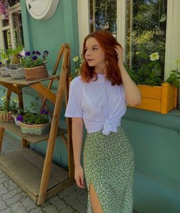 Green Floral Print Midi Skirt