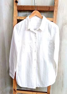 White Self Design Cotton Shirt Size-38