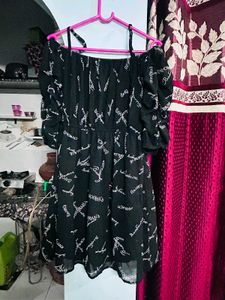 Black Off Shoulder Tulle Flared Dress