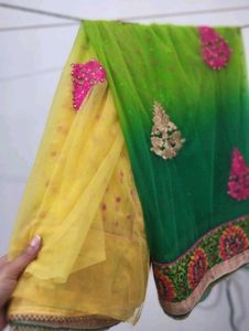 Green Embroidered(Net) Saree + Petticoat+ Blouse