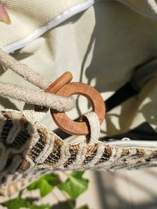 Woven Tote Bag with Wooden Handle Detail