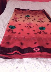 Red & Beige Floral Embellished Saree