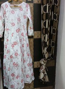 Floral Pink Print Kurta White