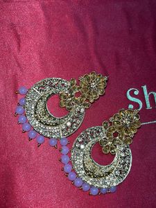 Golden Ethnic Earrings With Baby Pink Pearls