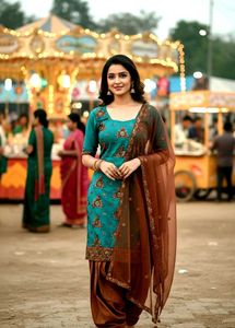 Teal & Brown Embroidered Salwar Kameez