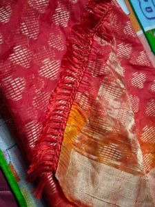 Orange &amp; Red Embellished Saree