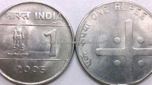 Rs 1 Coin Of 2005, Kolkata Mint With Cross Mark