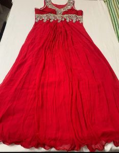 Red Flared Gown/Dress With Heavy Embroidery