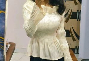 Cream Smocked Long Sleeve Blouse