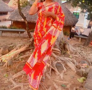 Red & Yellow Block Print Saree