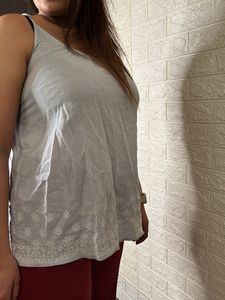 Blue And White Striped Top With white Embroidery