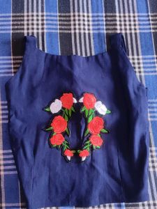 Navy Blue Floral Embroidered Top
