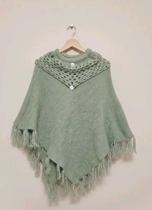Sage Green Knit Poncho with Fringe