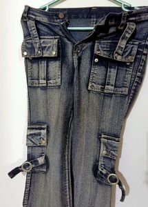 Vintage Washed Black Cargo Denim Capri