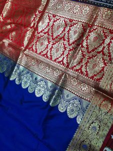 Elegant Blue &amp; Gold Banarasi Satin Saree