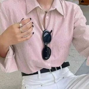 Fancy Striped Long Sleeeve Collar Pink Women Shirt