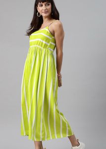 Women Fluorescent Green &amp; White Striped Maxi Dress